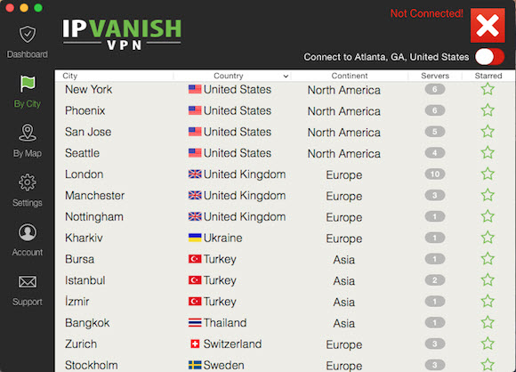 IPVanish Mac client - server list